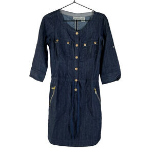 DKNY Womens Shirt Dress Blue Pockets Scoop Neck 3/4 Sleeve Zipper Denim Solid XS